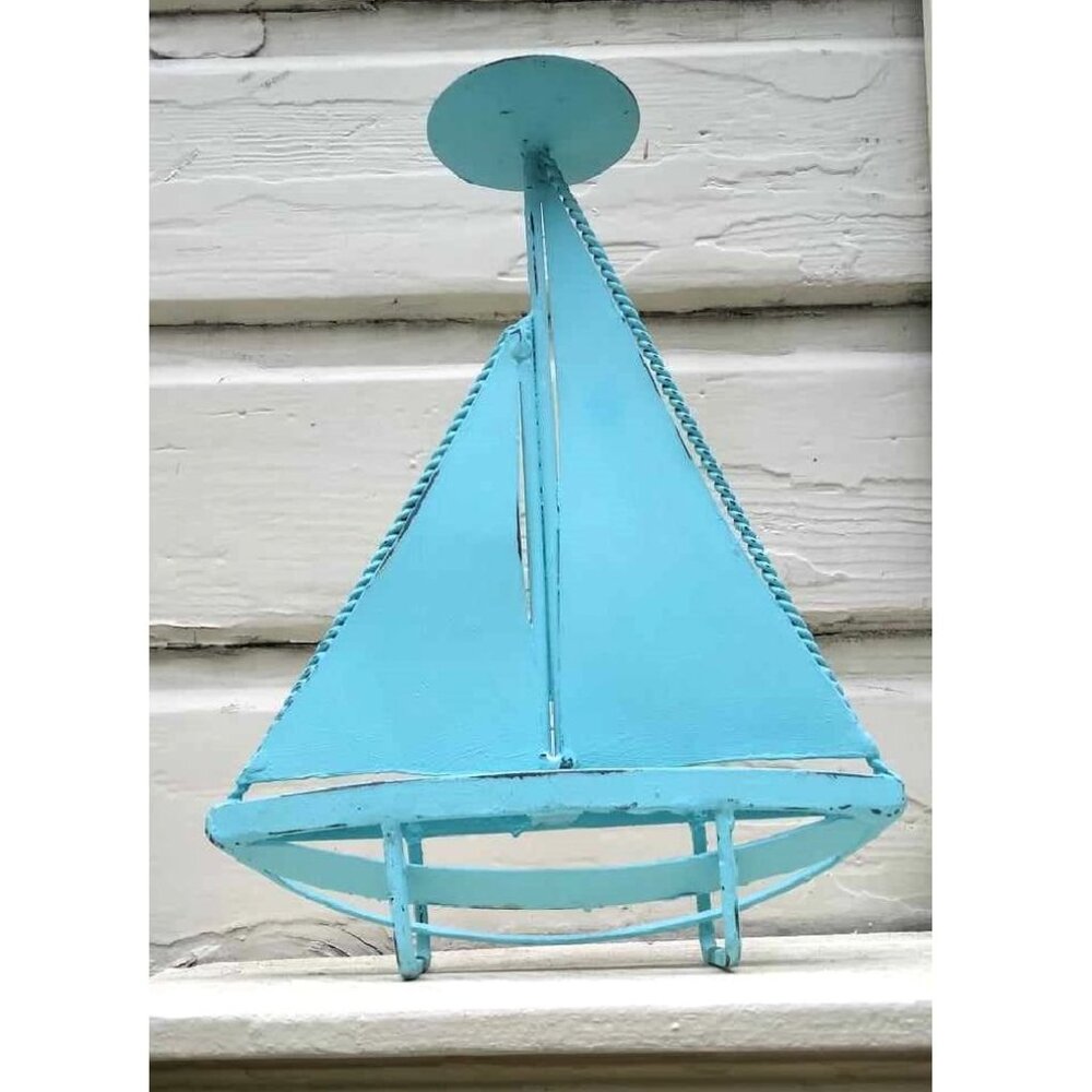 Vintage Nautical Sea Foam Blue Metal Sailboat Decor Pillar Candle Holder